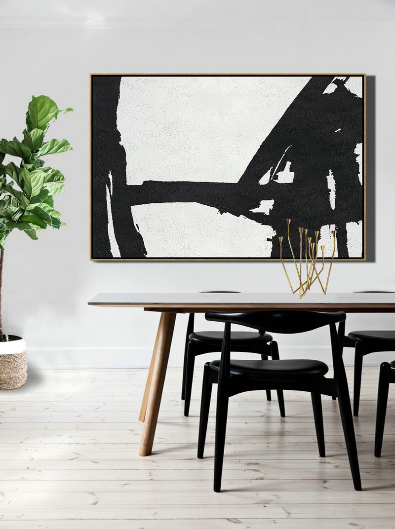 Large Contemporary Painting,Hand Painted Oversized Horizontal Minimal Art On Canvas, Black And White Minimalist Painting - Contemporary Wall Art